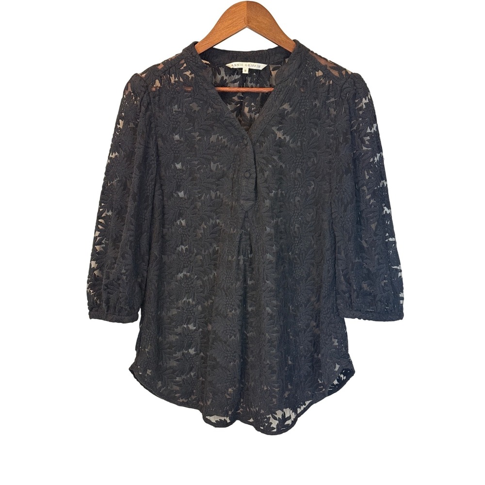 Annie Griffin Black Embroidered Lace Sheer Top Size Medium Whimsigoth Witchy‎
